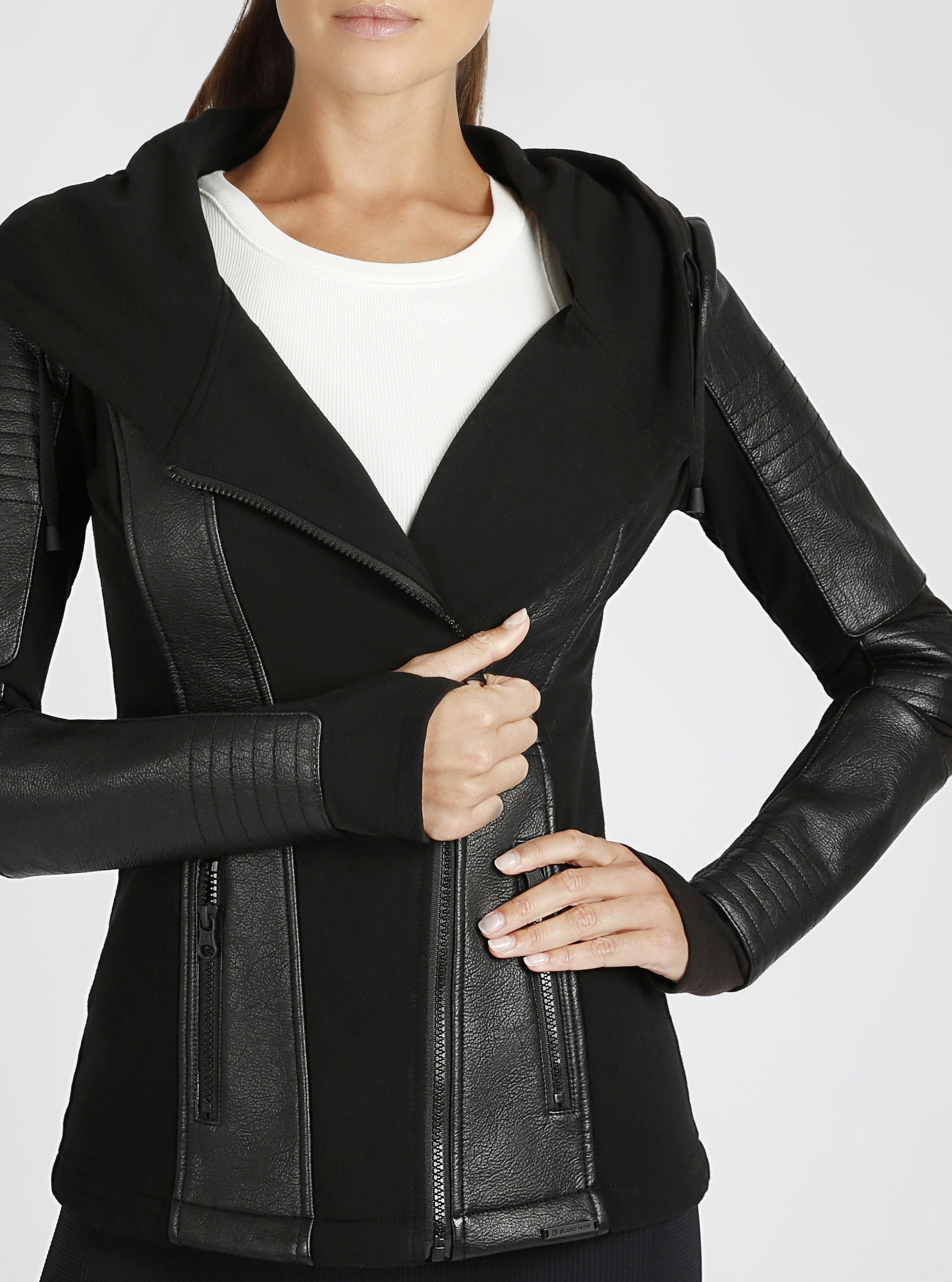 Asym Vegan Leather Hooded Moto - Black Bonded French Terry