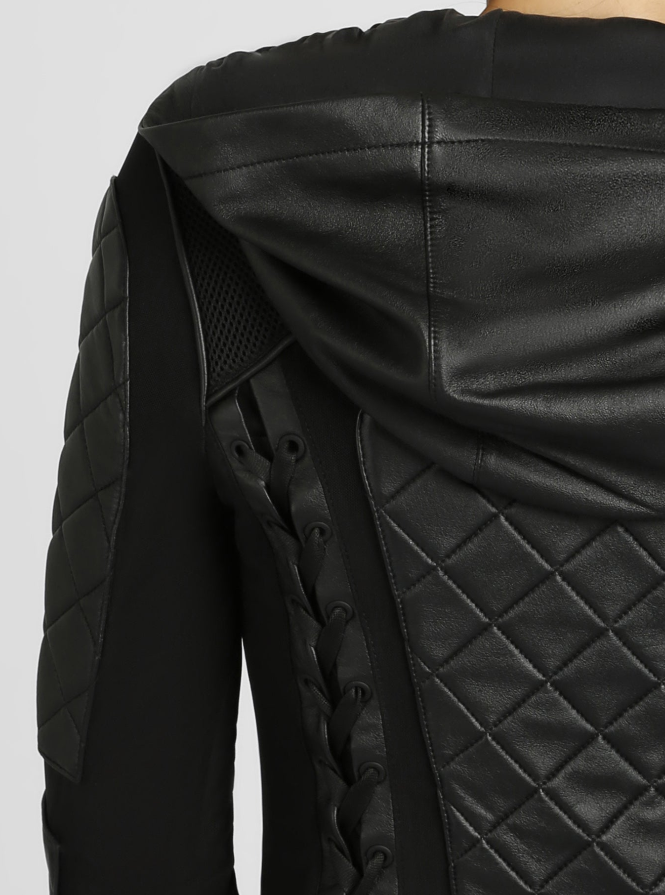 エムミーエメ Blanc noir hooded long coat Hooded Mesh Genuine Leather Moto Jacket Black