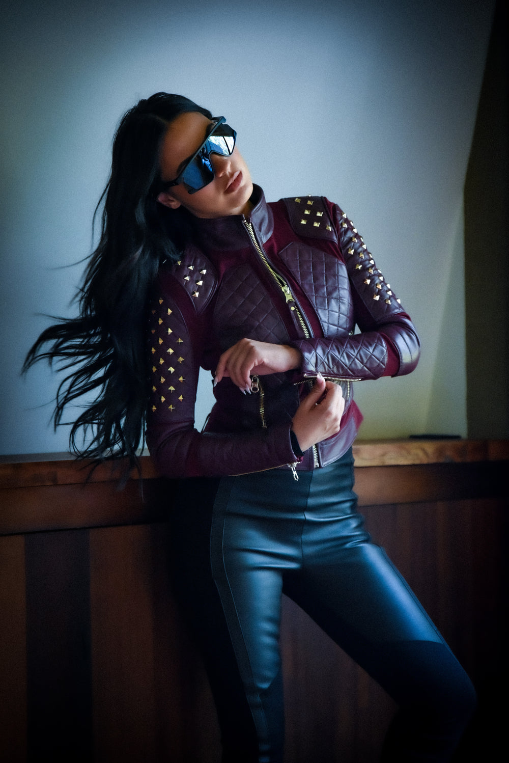Pyramid Stud Mesh Genuine Leather Moto Jacket