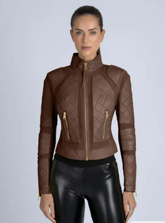 Leather Mesh Moto Jacket Cognac