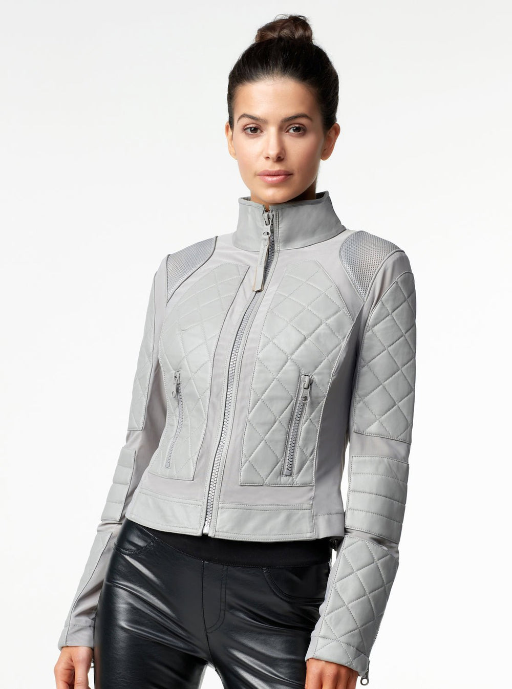 Classic Leather Mesh Moto Jacket - Sharkskin