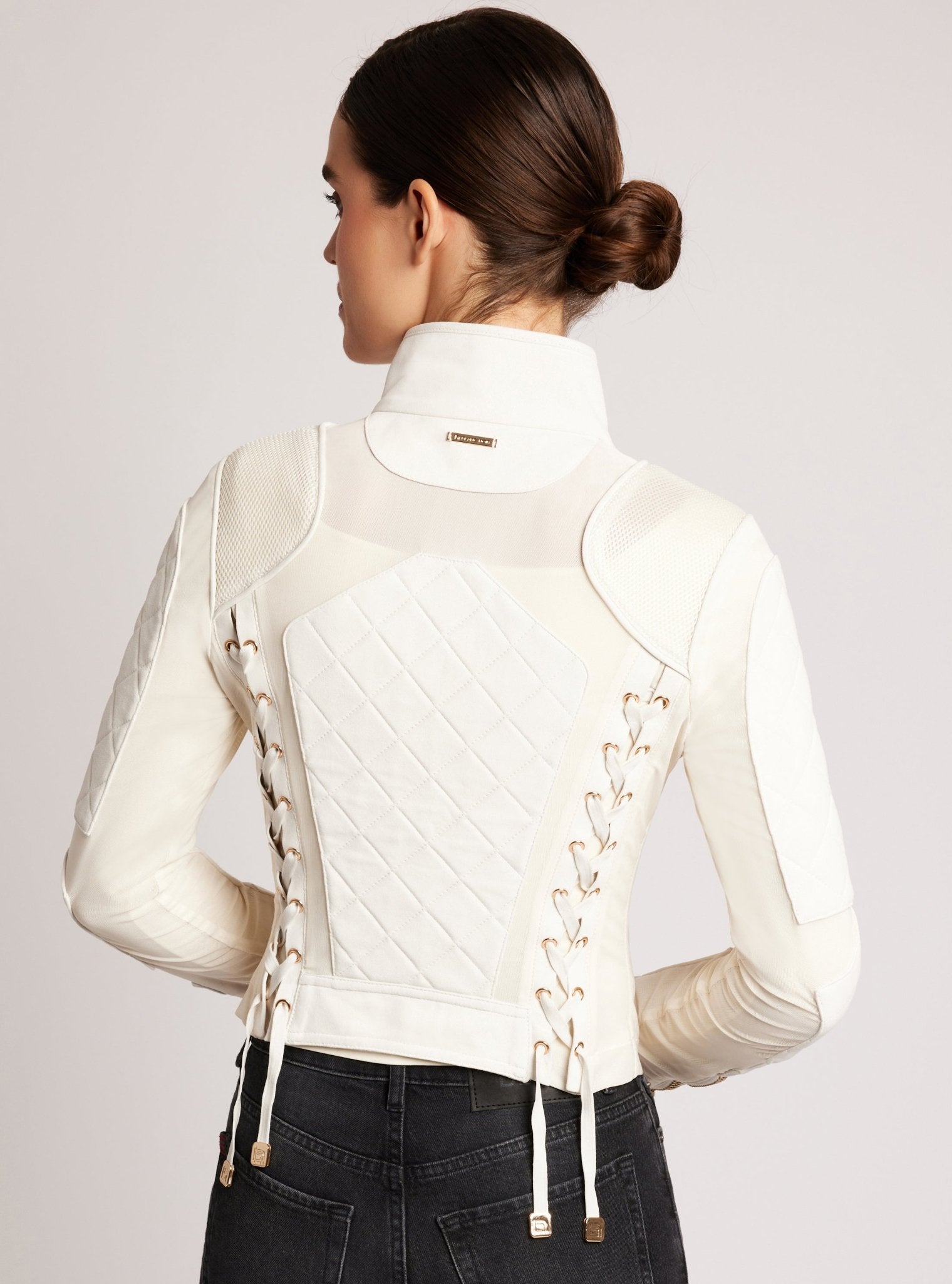 Suede Moto Mesh Jacket with Gold Trims - Blanc Noir Online Store