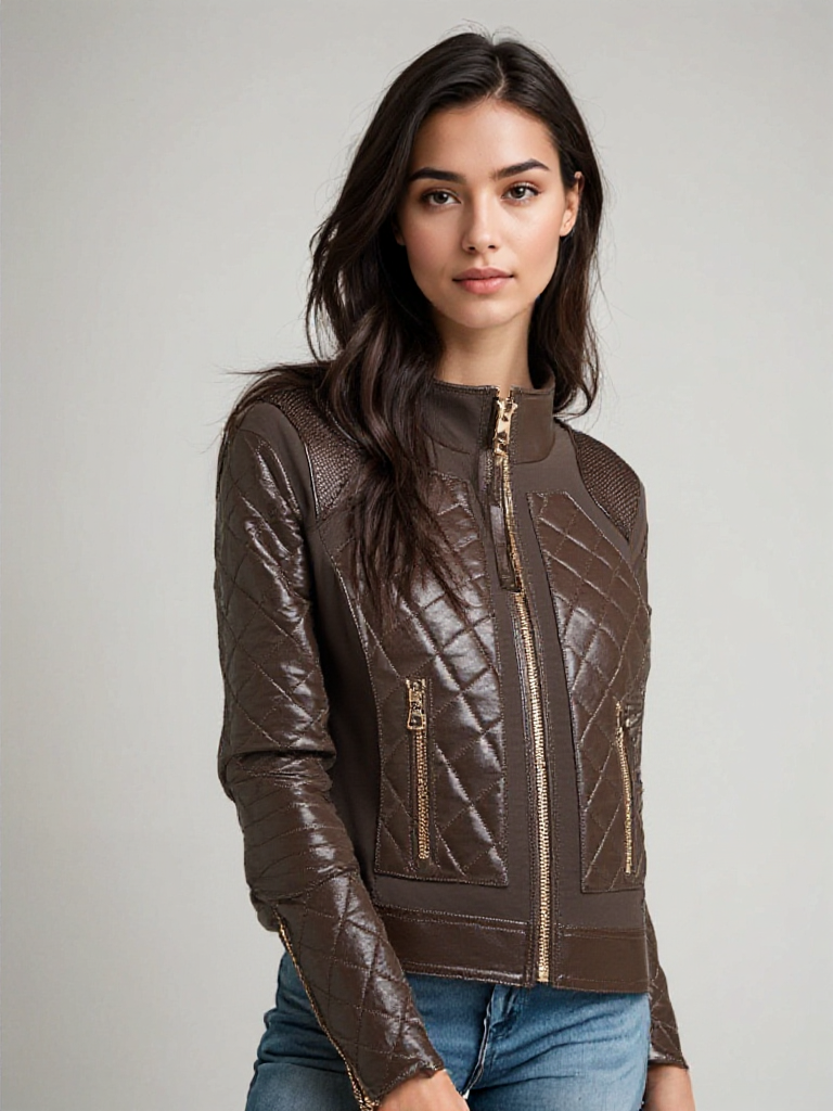 Leather Moto Mesh Jacket - Brown/Gold Trims - Blanc Noir Online Store