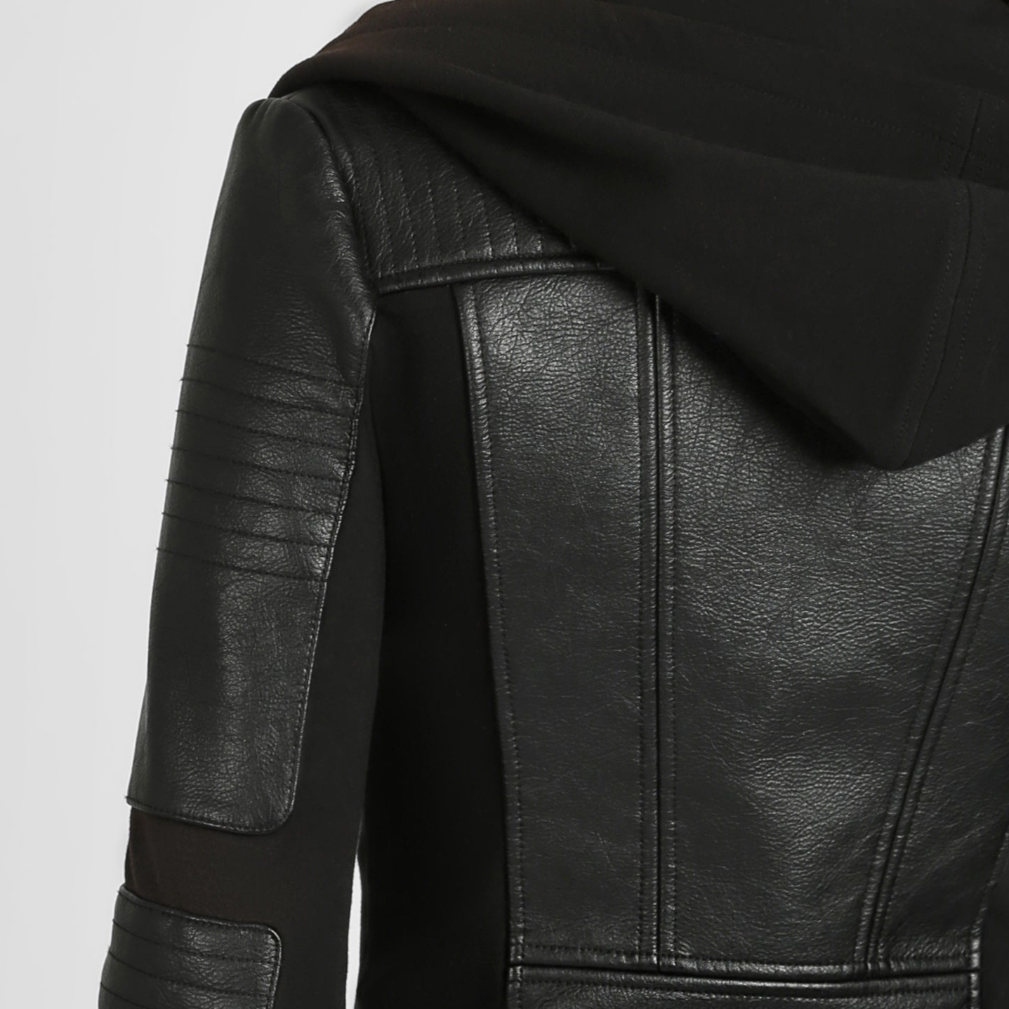 Asym Vegan Leather Hooded Moto - Black Bonded French Terry Asym Vegan Leather Hooded Moto - Black Bonded French Terry