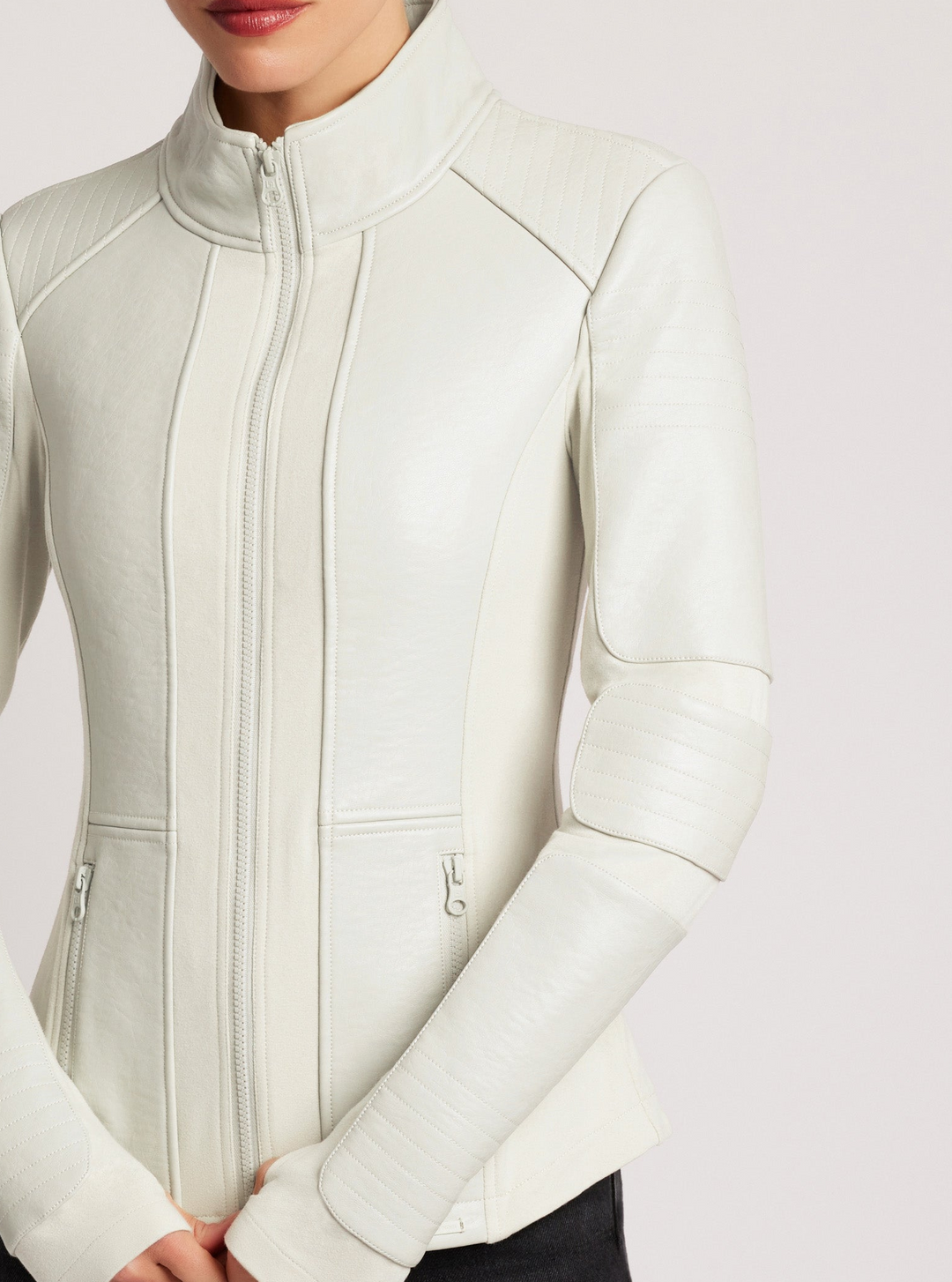 Zip Front Moto Jacket Vegan Leather / Bonded French Terry White Alyssum