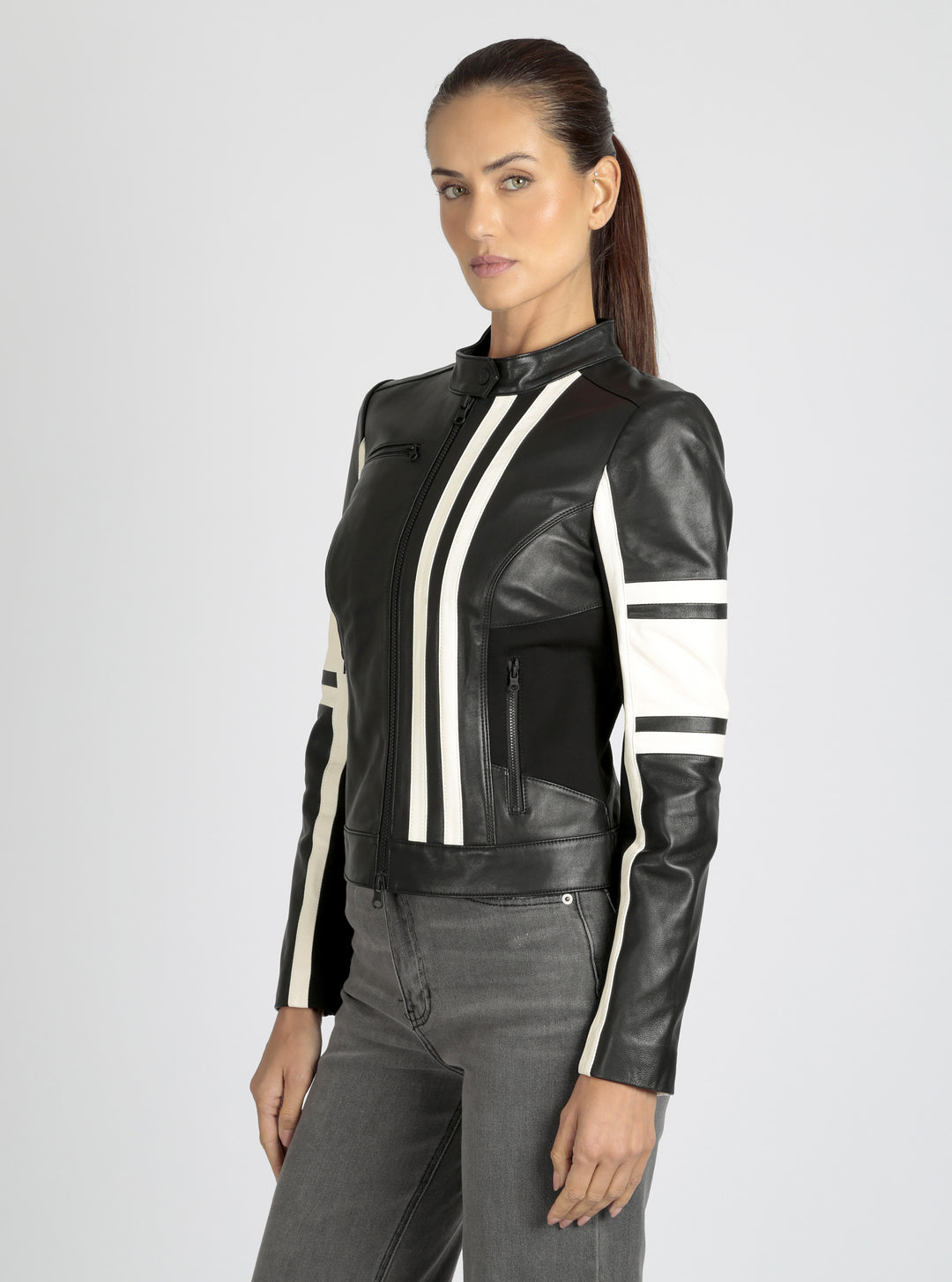 Claudine Leather Racer Jacket - Blanc Noir Online Store