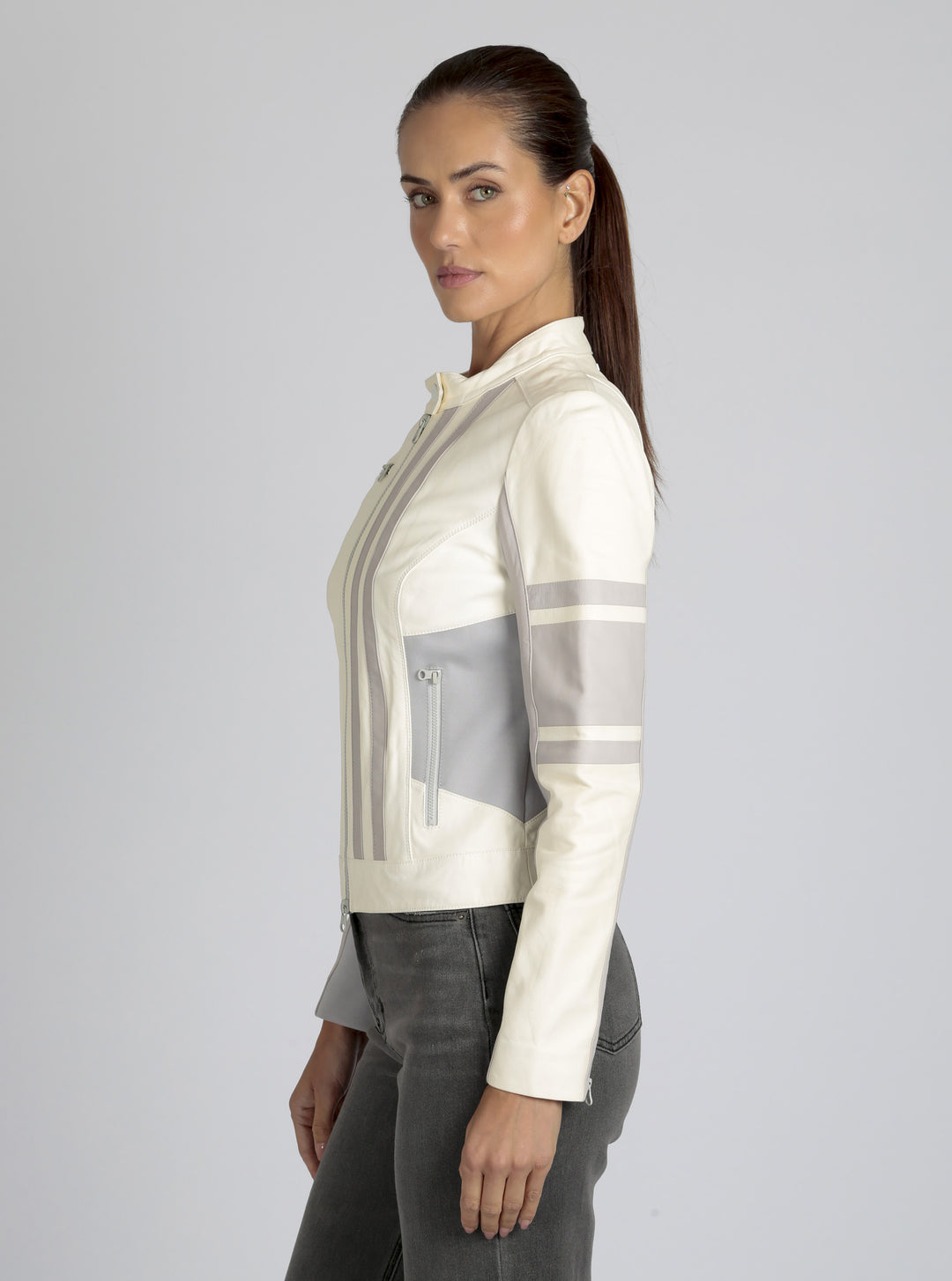 Claudine Leather Racer Jacket - Blanc Noir Online Store
