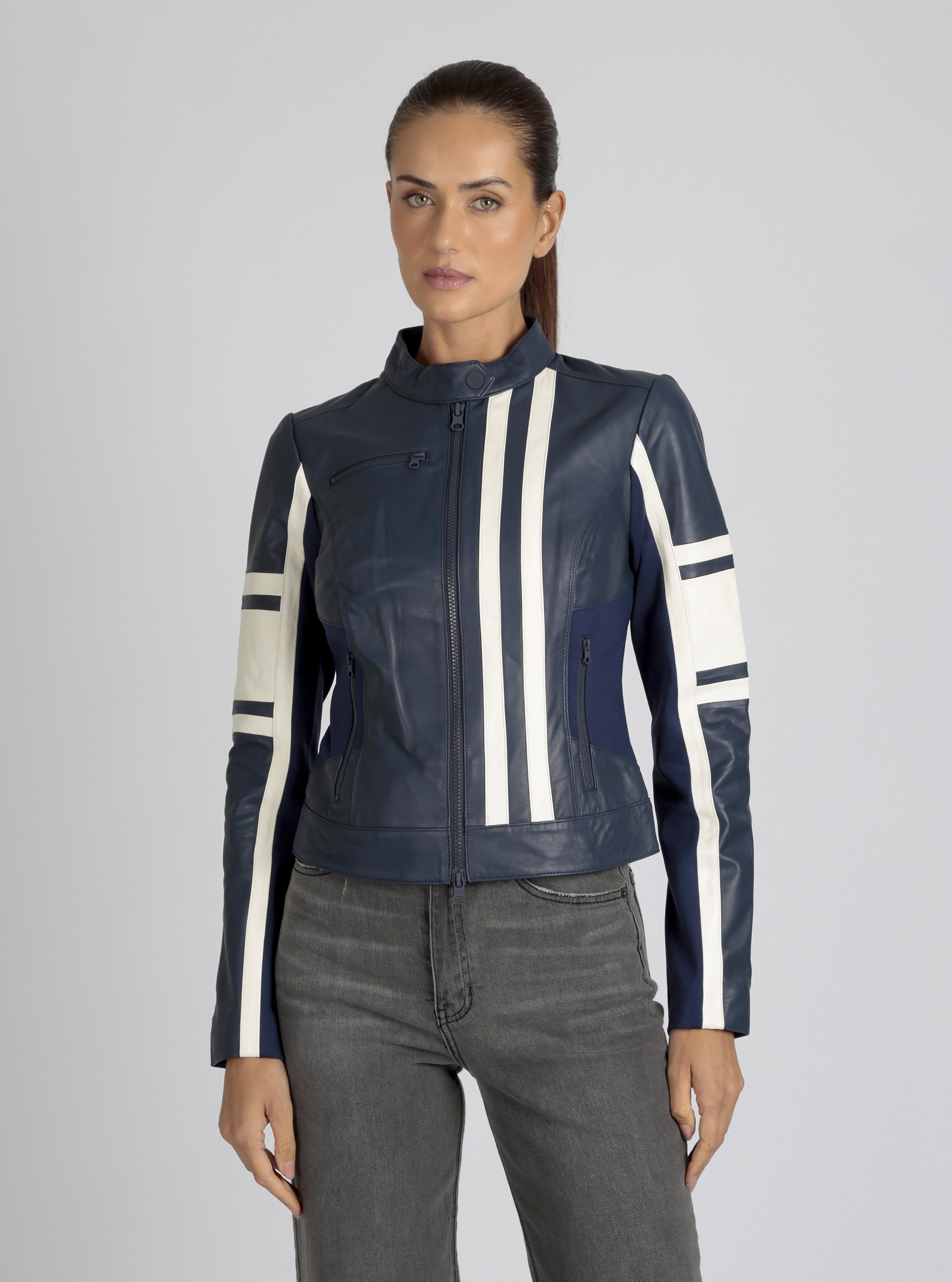 MOTO leather レザーキャスケット 黒と白 ストライプ Claudine Genuine Leather Moto Racer Jacket - Blanc Noir Online Store