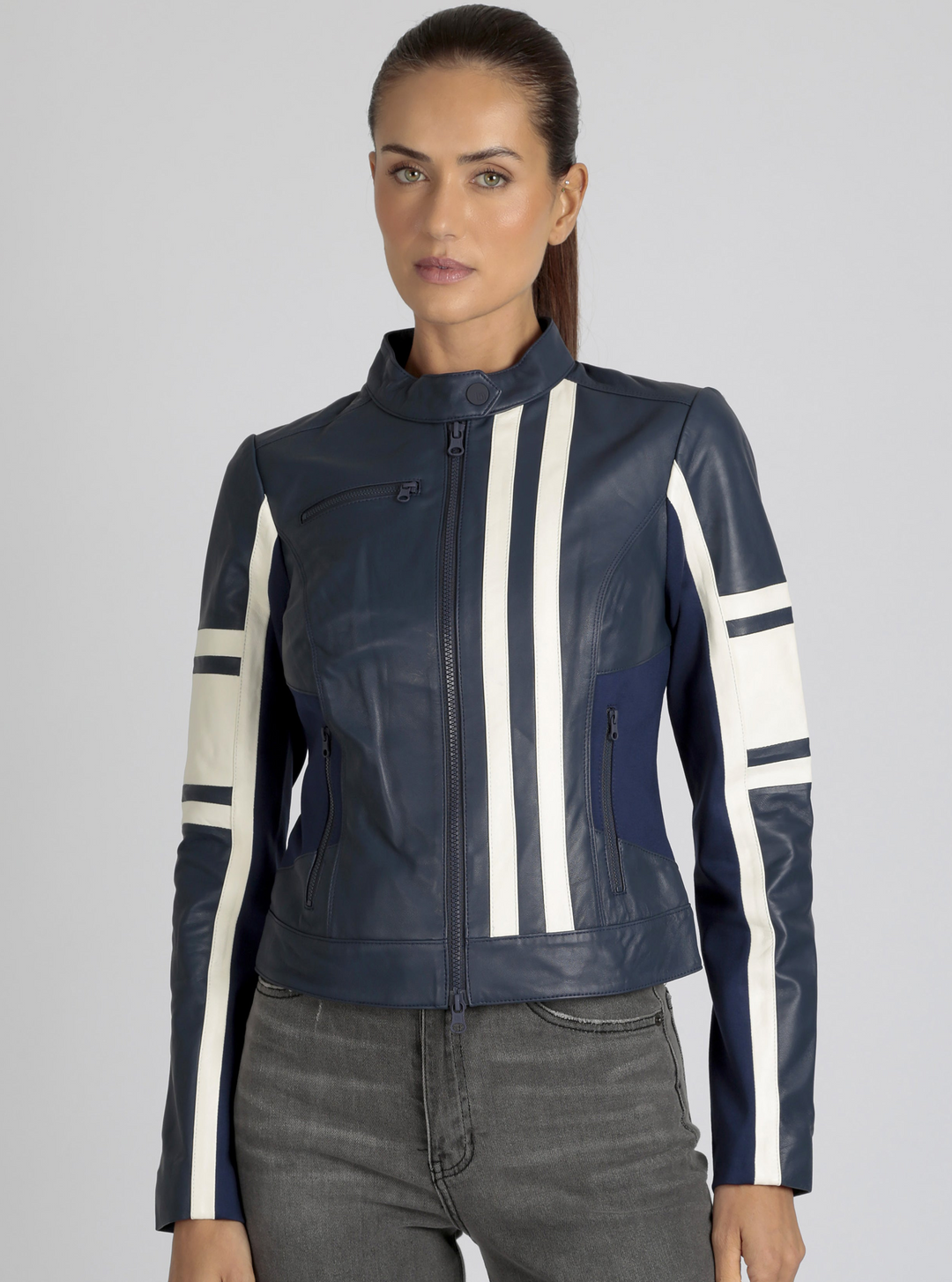 Claudine Genuine Leather Racer Stripe Moto Jacket - Blanc Noir Online Store