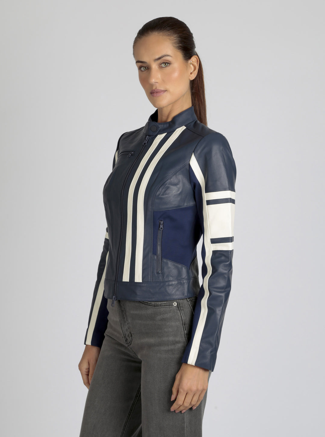 Claudine Leather Racer Jacket - Blanc Noir Online Store