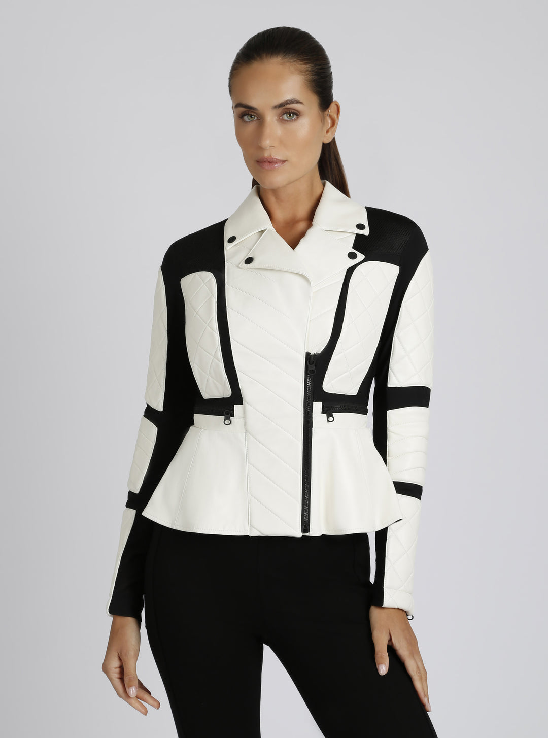 Moto Mesh LEATHER Peplum Jacket - Blanc Noir Online Store