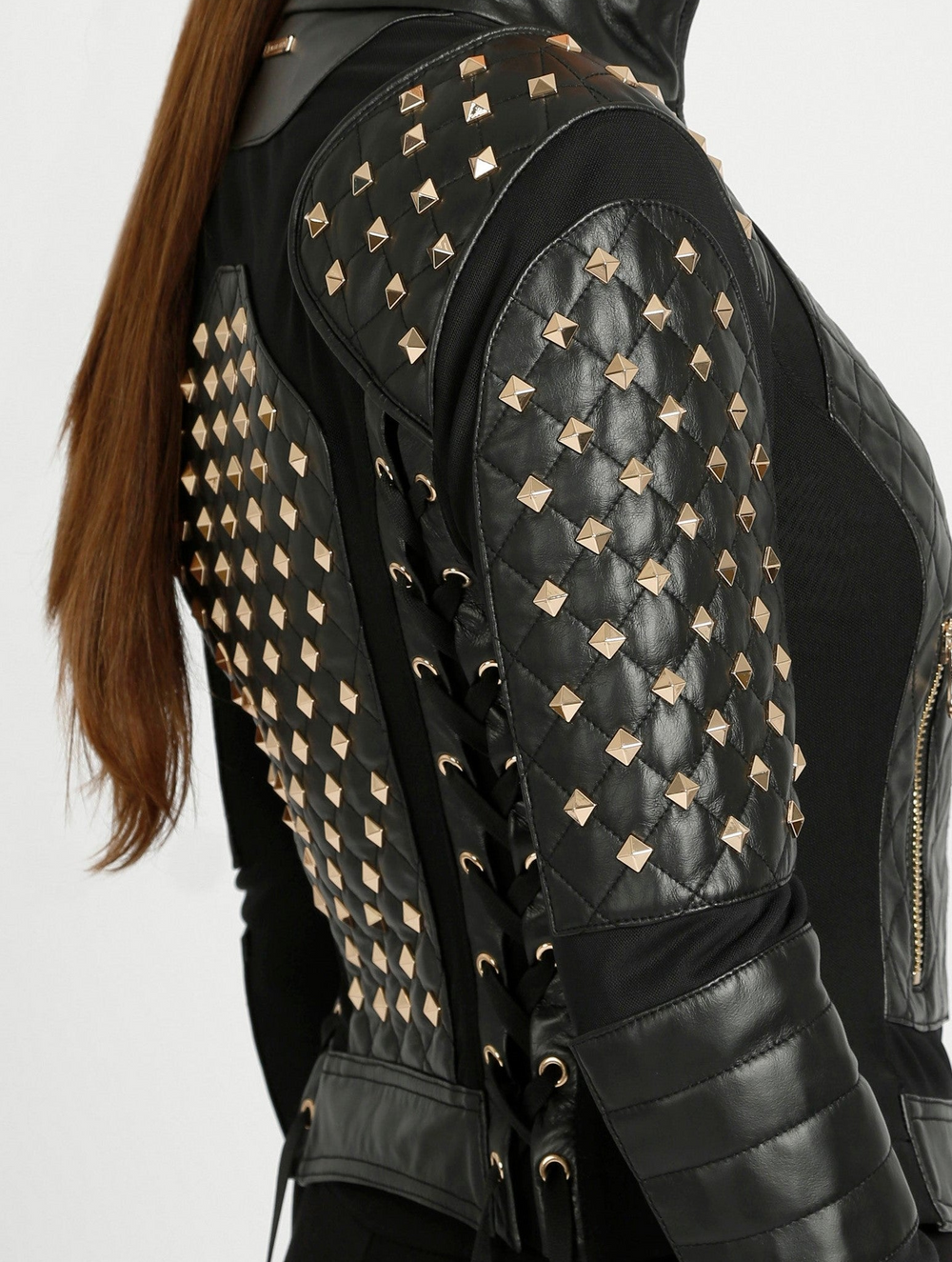 Pyramid Stud Mesh Genuine Leather Moto Jacket