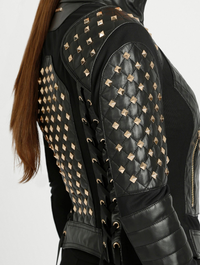 Pyramid Stud Mesh Genuine Leather Moto Jacket - Blanc Noir Online Store