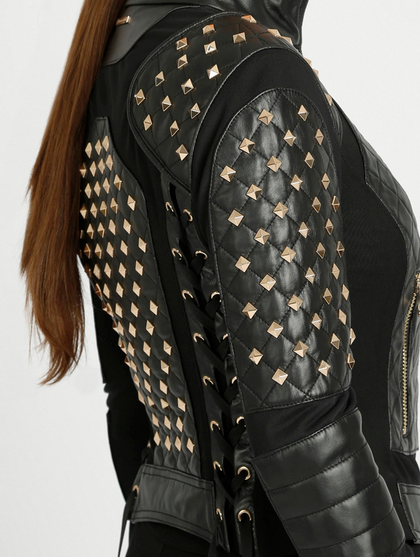Pyramid Stud Mesh Genuine Leather Moto Jacket