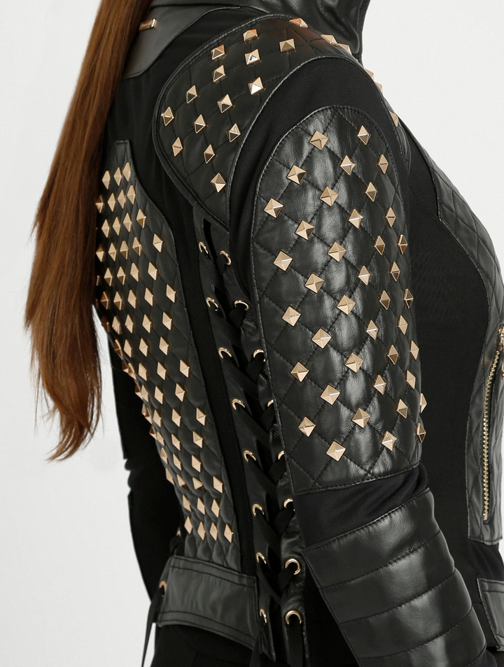 Pyramid Stud Mesh Genuine Leather Moto Jacket - Blanc Noir Online Store