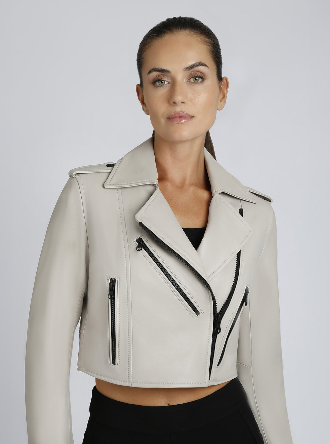 Cleo Cropped Leather Jacket - Blanc Noir Online Store