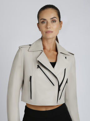 Cleo Cropped Leather Jacket - Blanc Noir Online Store