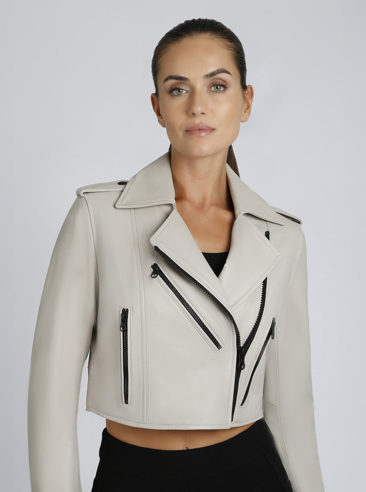 Cleo Cropped Leather Jacket - Blanc Noir Online Store