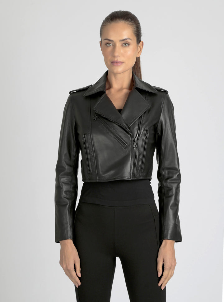Cleo Cropped Moto Jacket - Blanc Noir Online Store