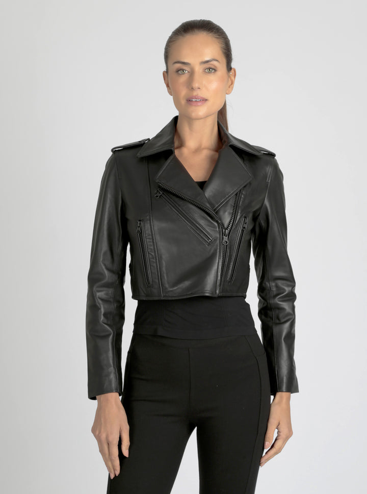 Cleo Cropped Moto Jacket - Blanc Noir Online Store