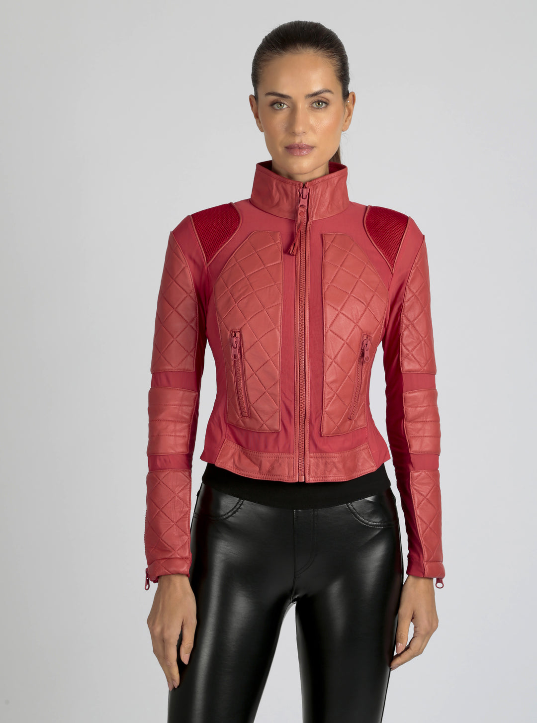 Classic Leather Mesh Moto Jacket Azure or Watermelon (Cranberry) - Blanc Noir Online Store