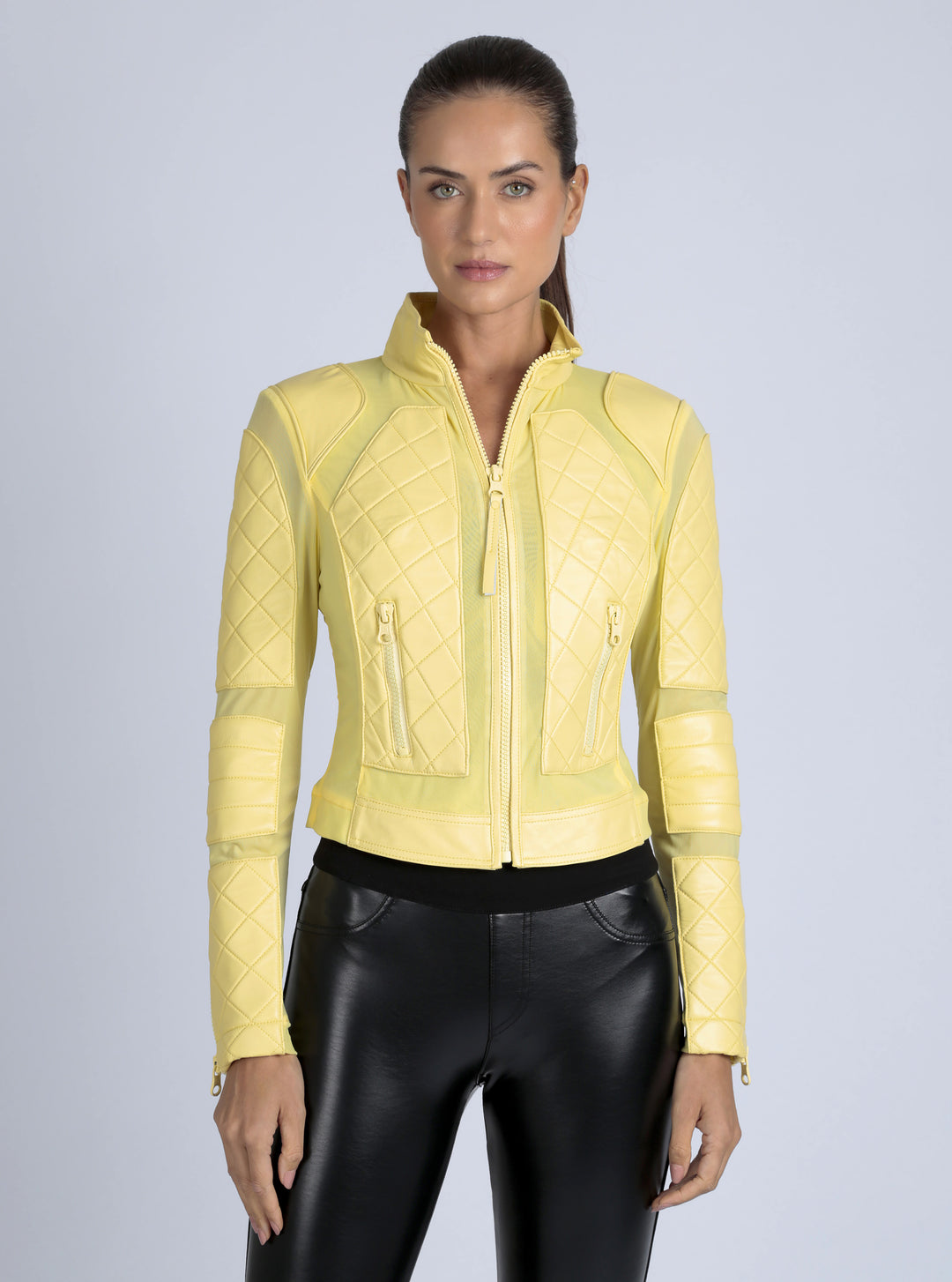 Leather Moto Mesh Jacket - Pale Banana - Blanc Noir Online Store