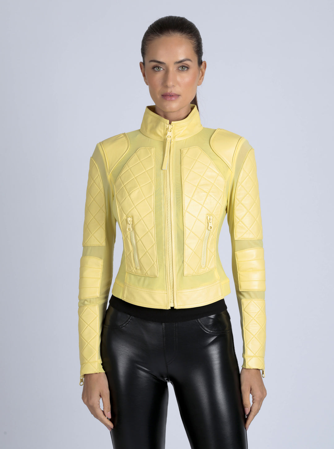 Leather Moto Mesh Jacket - Pale Banana - Blanc Noir Online Store