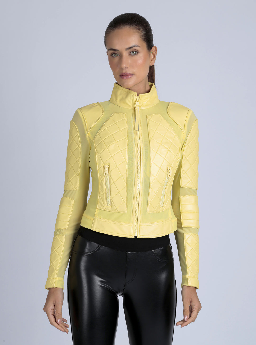 Leather Moto Mesh Jacket - Pale Banana - Blanc Noir Online Store