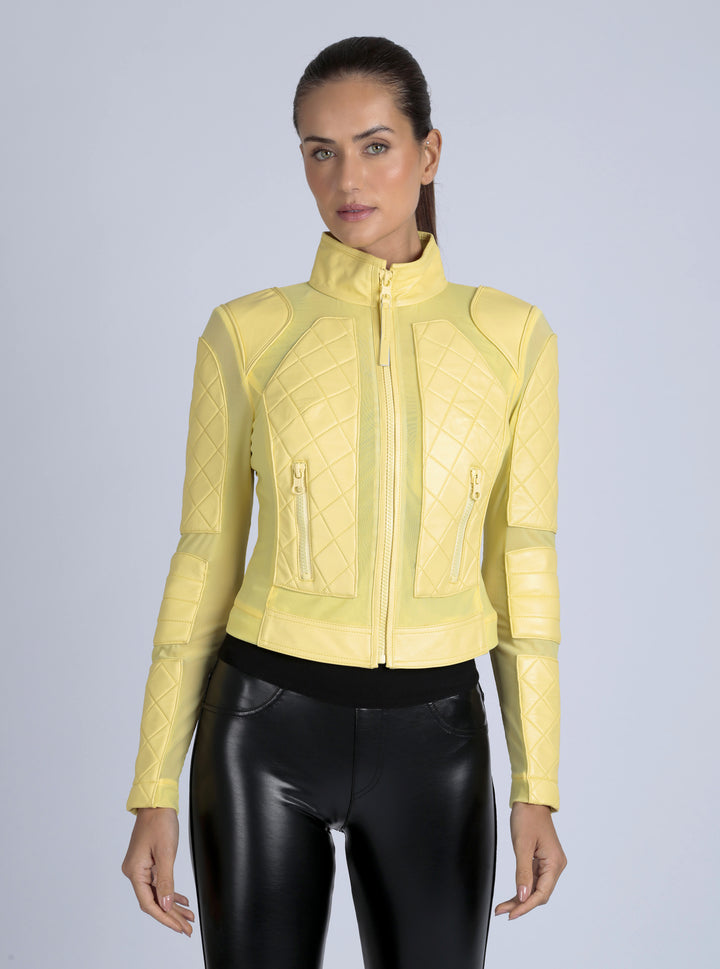 Leather Moto Mesh Jacket - Pale Banana - Blanc Noir Online Store