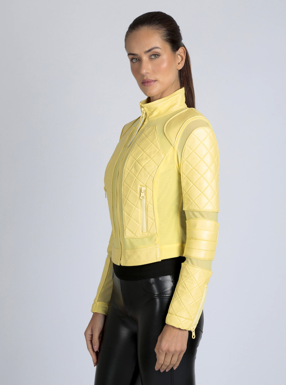 Leather Moto Mesh Jacket - Pale Banana - Blanc Noir Online Store