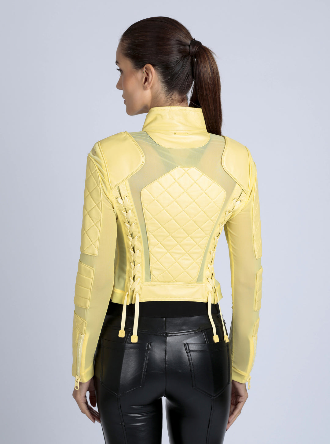 Leather Moto Mesh Jacket - Pale Banana - Blanc Noir Online Store