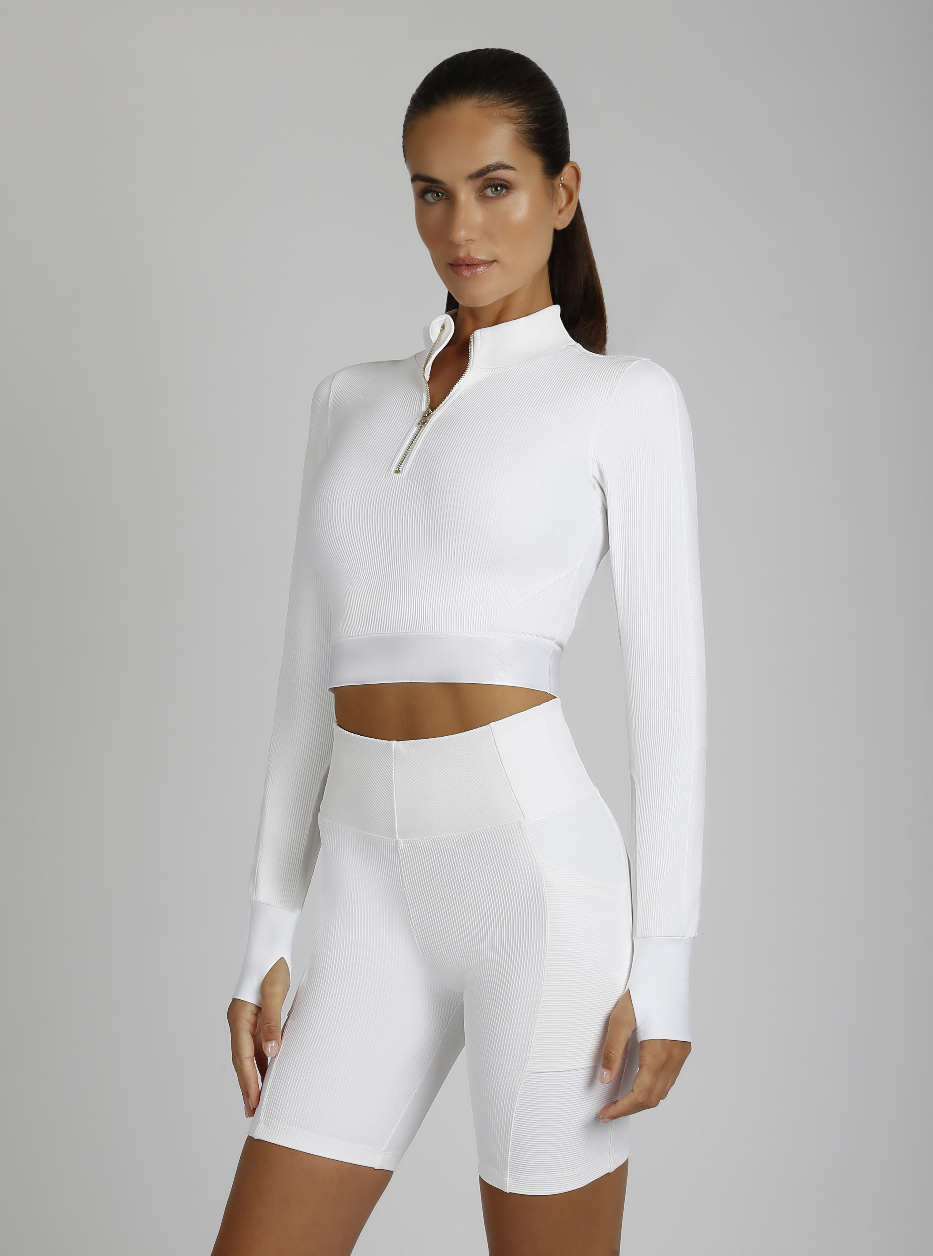 $29 Directional Rib Gold Trims Zip Neck Top: Optic White or Pumice FIN $29 Directional Rib Gold Trims Zip Neck Top: Optic White or Pumice FIN
