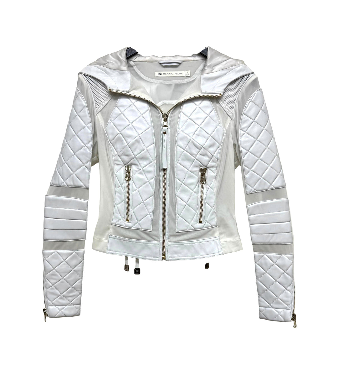 VAULT_612 CAMO HOODED LEATHER MOTO MESH JACKET WITH GOLD TRIMS