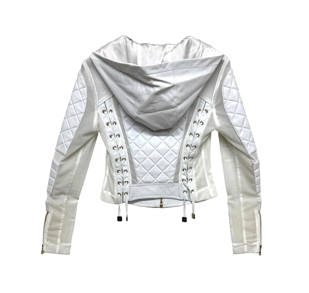VAULT_612 CAMO HOODED LEATHER MOTO MESH JACKET WITH GOLD TRIMS