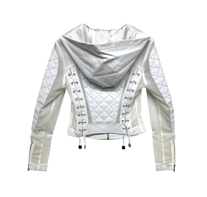 VAULT_612 CAMO HOODED LEATHER MOTO MESH JACKET WITH GOLD TRIMS