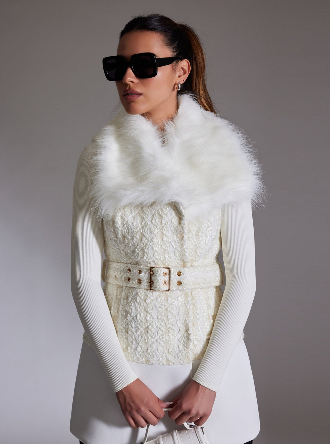 Irina Boucle Long Vest Gold Trim - Blanc Noir Online Store