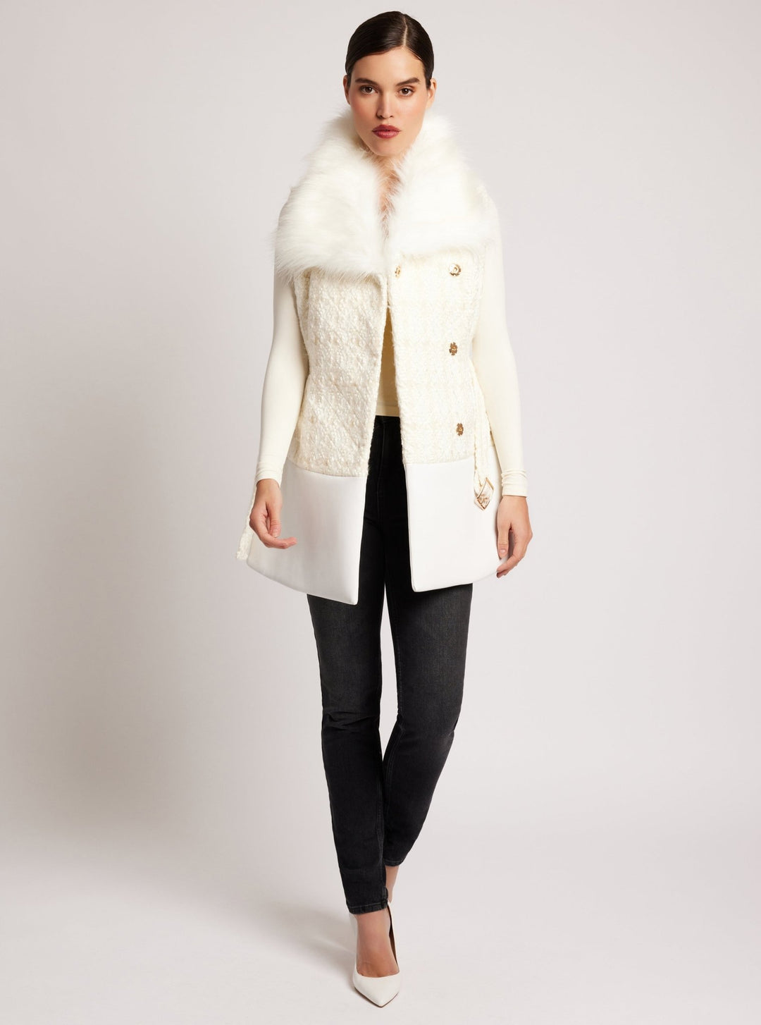 Irina Boucle Long Vest Gold Trim - Blanc Noir Online Store