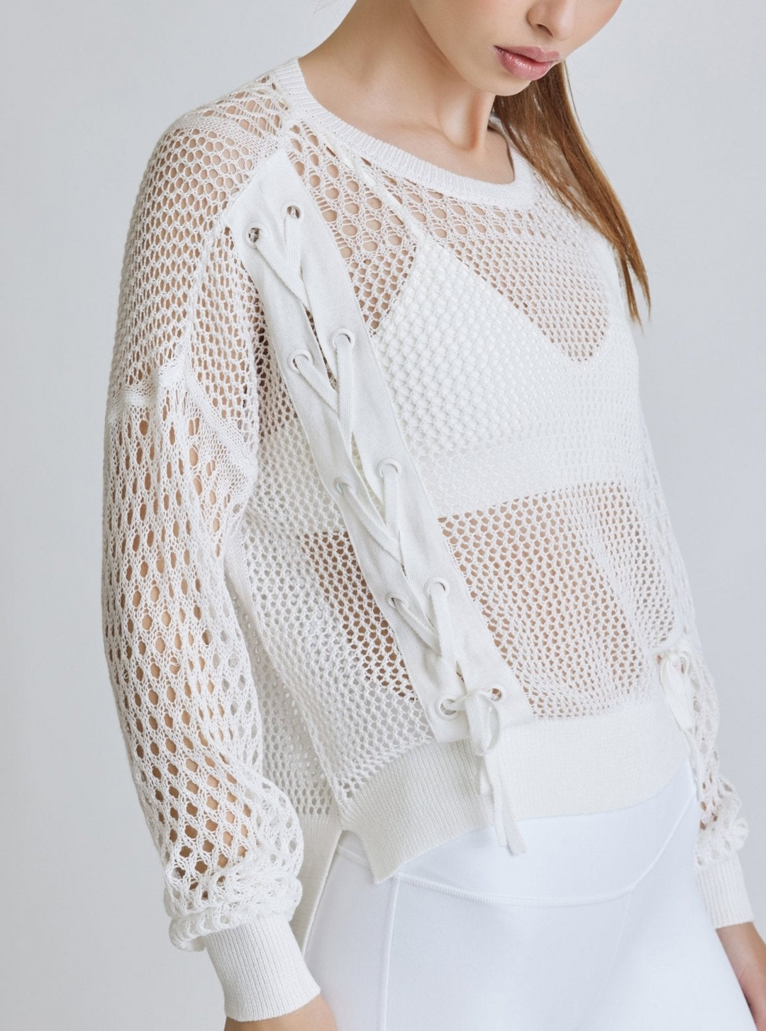 White Lace Up Crochet Sweatshirt - FINAL SALE - Blanc Noir Online Store