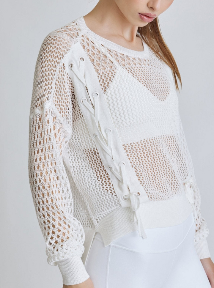 White Lace Up Crochet Sweatshirt - FINAL SALE - Blanc Noir Online Store