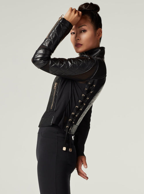 Mesh Moto Jacket with Black Leather & Gold Trims - Gold Collection - Blanc Noir Online Store
