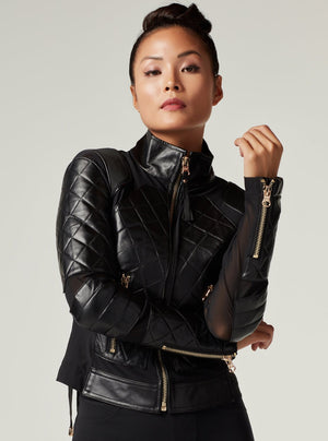 Mesh Moto Jacket with Black Leather & Gold Trims - Gold Collection - Blanc Noir Online Store