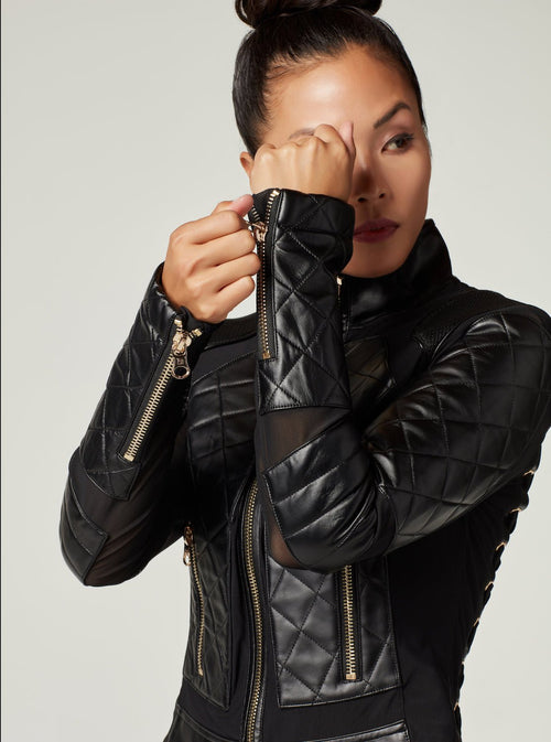 Mesh Moto Jacket with Black Leather & Gold Trims - Gold Collection - Blanc Noir Online Store