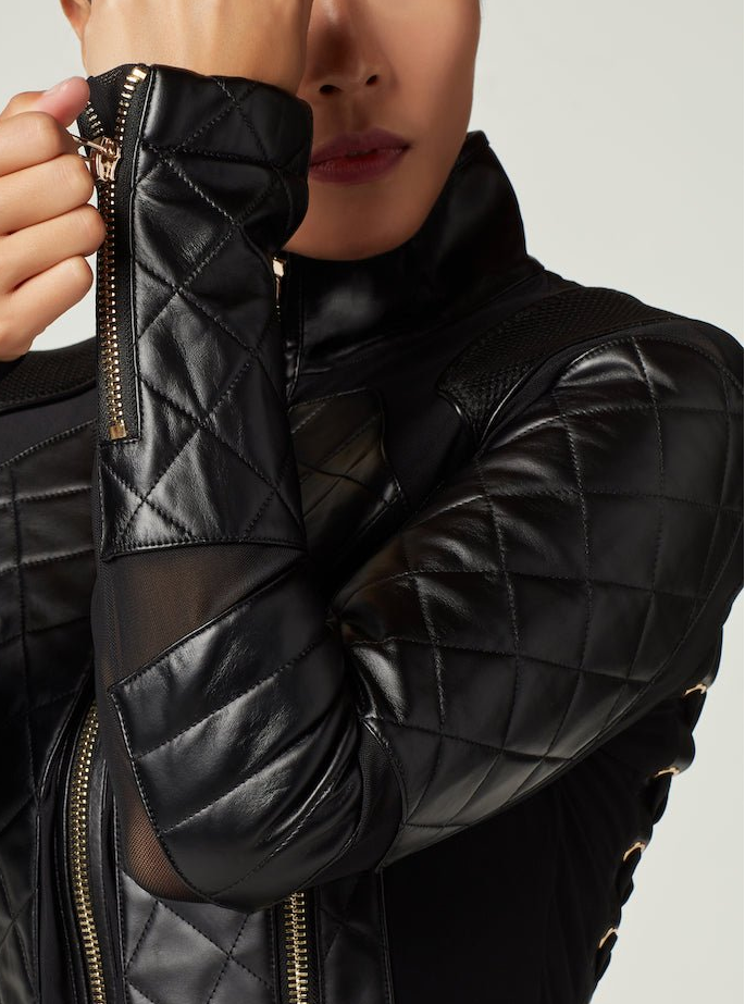 Mesh Moto Jacket with Black Leather & Gold Trims - Gold Collection with Lace Up Back - Blanc Noir Online Store
