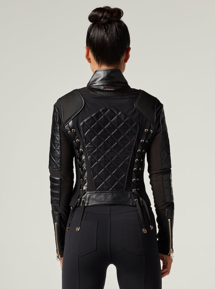 Mesh Moto Jacket with Black Leather & Gold Trims - Gold Collection - Blanc Noir Online Store