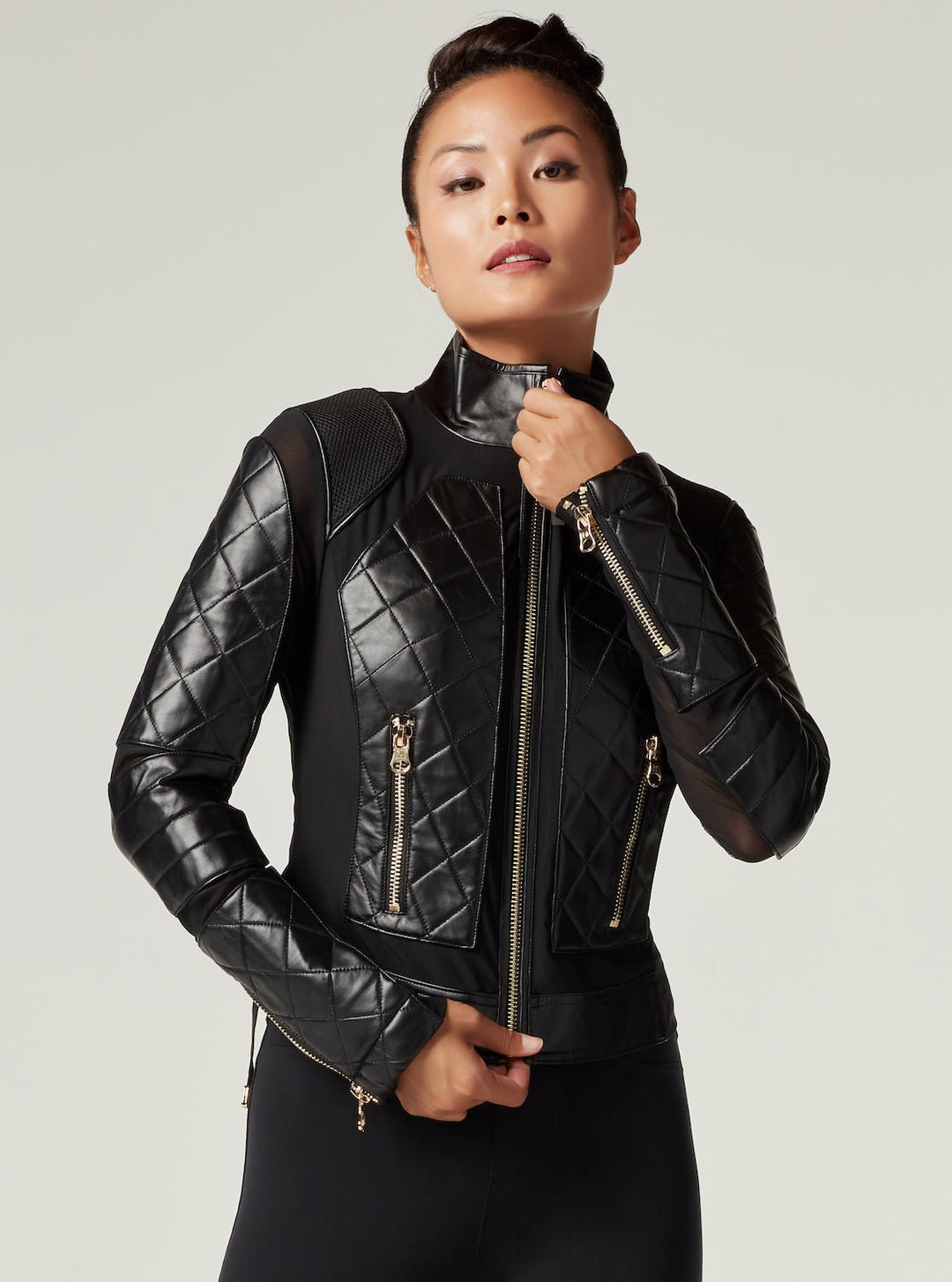 Mesh Moto Jacket with Black Leather & Gold Trims - Gold Collection - Blanc Noir Online Store