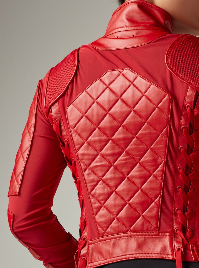 Genuine Leather Panel Classic Leather Mesh Moto Jacket - Haute Red with Lace Up Back - Blanc Noir Online Store