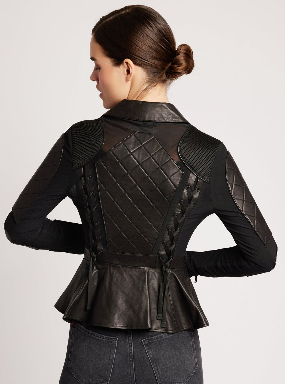 Moto Mesh Genuine Leather Peplum Jacket Black