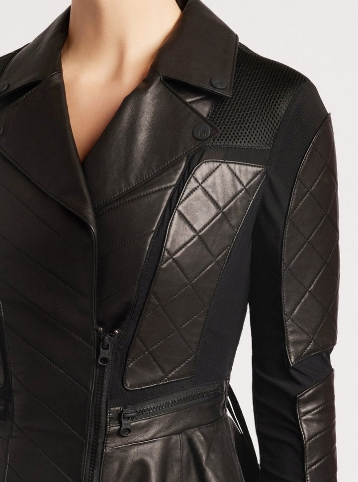 Moto Mesh Genuine Leather Peplum Jacket Black