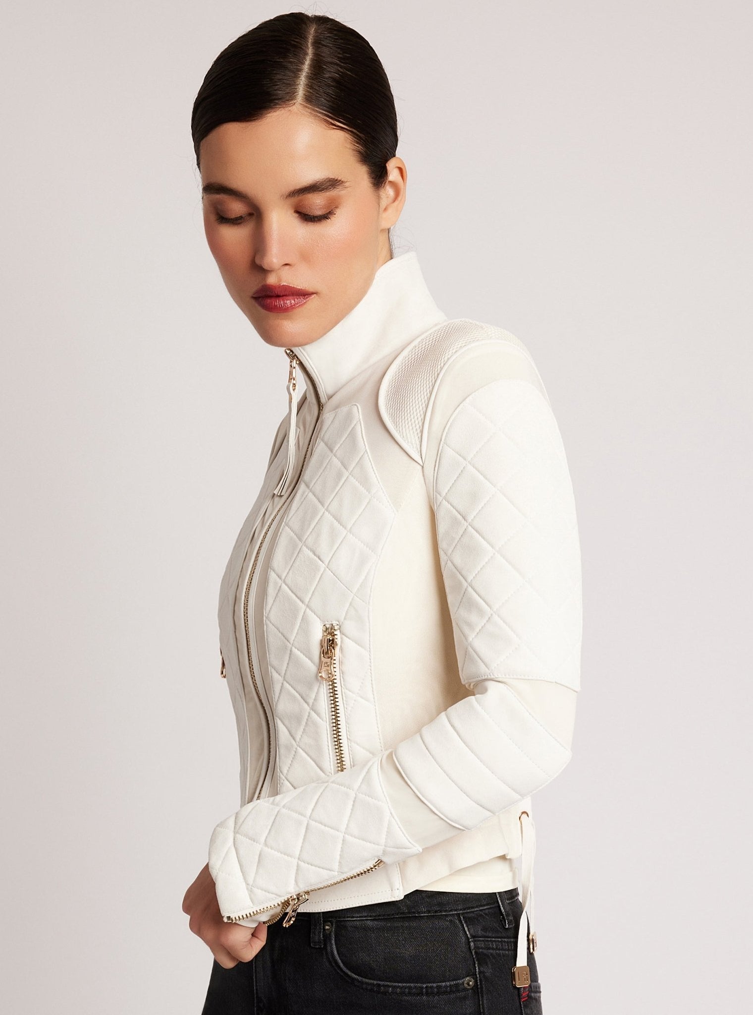 Suede Moto Mesh Jacket with Gold Trims - Blanc Noir Online Store